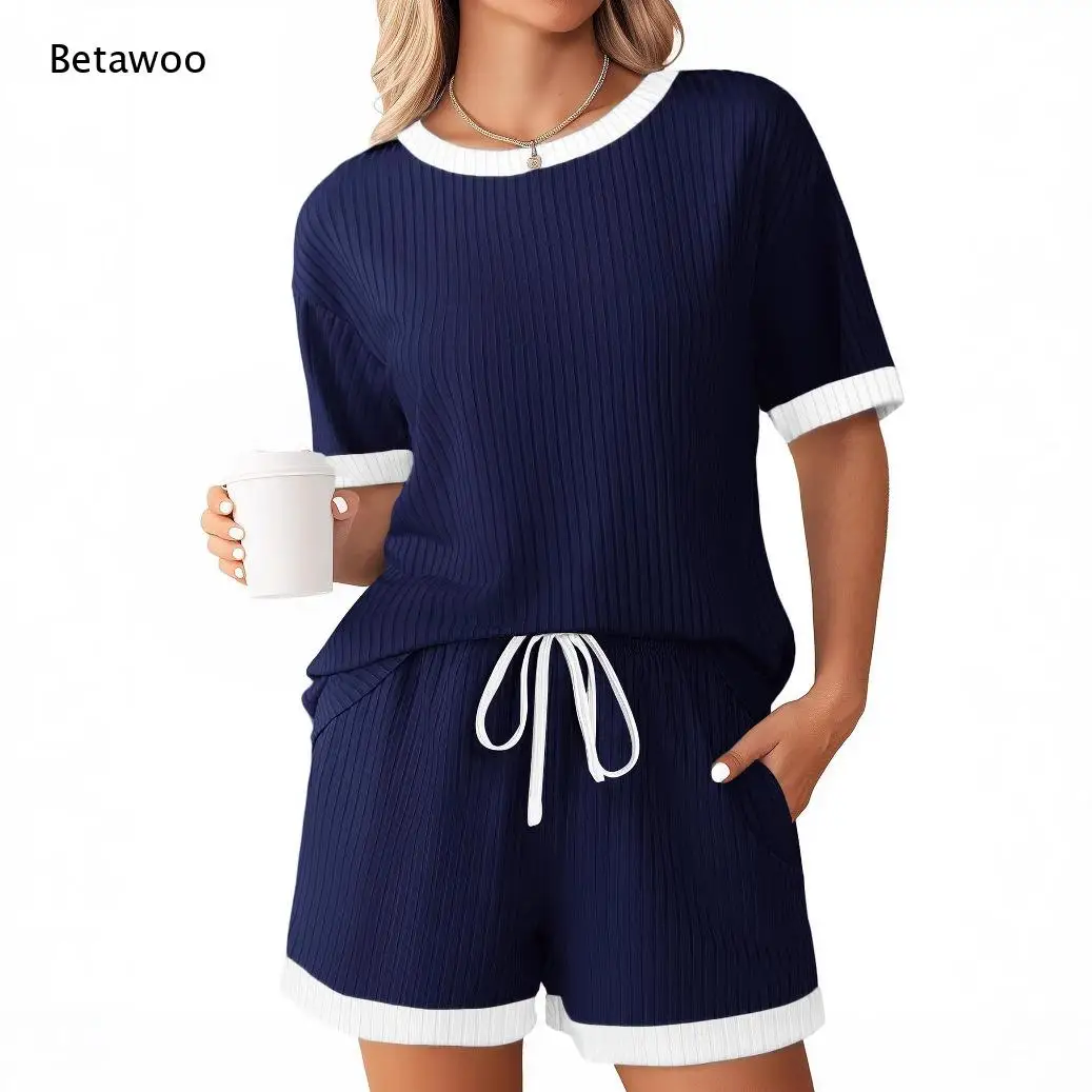 Women Contrast Edge Co Ord Set Round Neck Short Sleeve Top and Elastic Waist Pocket Shorts Loose Casual Matching Outfit