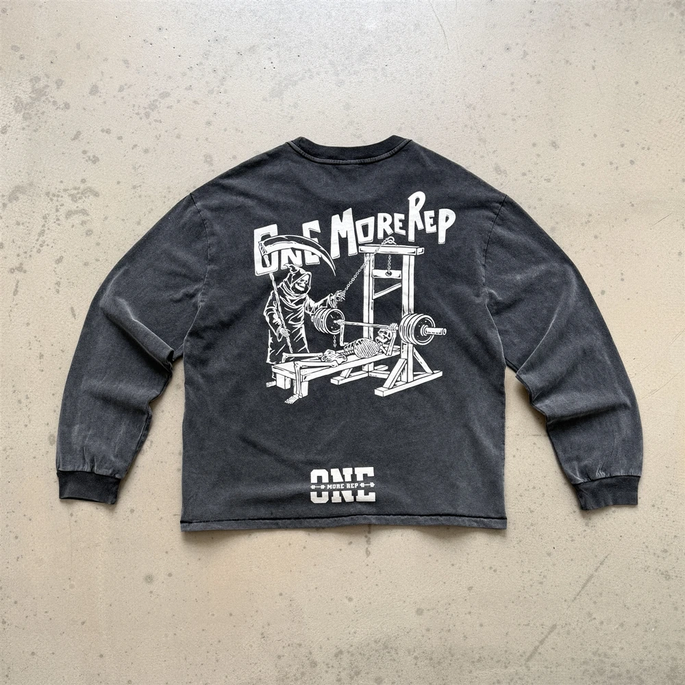 High Quality American Style Retro Grunge Print Long Sleeves Tee Oversized Loose Tops 100%Cotton Vintage T Shirt For Men