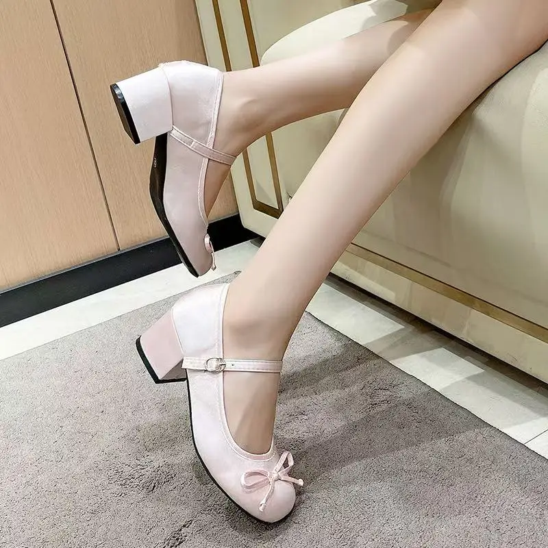 Spring New Thick Heel Pumps Women Mary Jane Shoes Square Toe Shallow Butterfly-knot Ladies Casual Leather Shoes