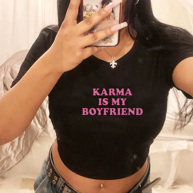 

Karma Is My Boyfriend Print Female T Shirt Summer Baby Crop Top Sexy Party Clothes O Neck Cropped Navel Women Cotton T-Shirt