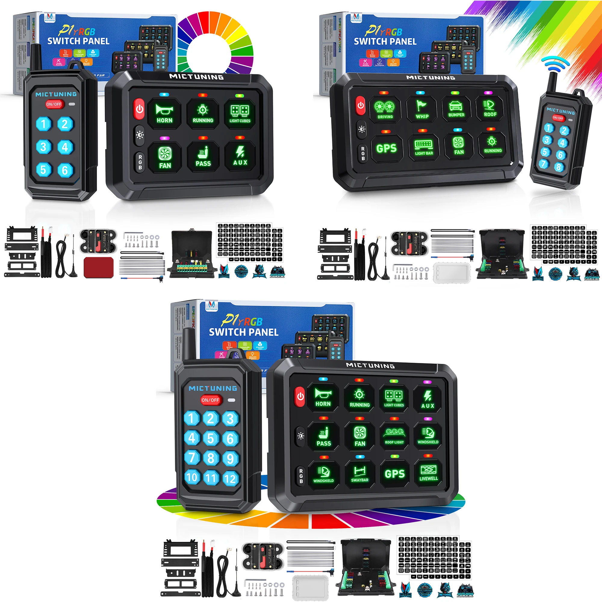 

P1Y 8/12 Gang Switch Panel with Wireless Remote Control, 12-24V Circuit Box RGB Colors Toggle Switch Momentary Circuit Control