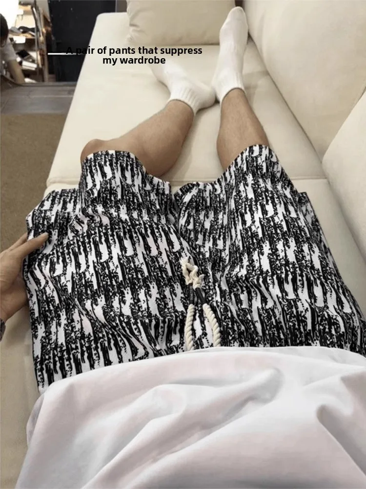 

Мужские летние модные тонкие пляжные костюмы в американском стиле в стиле ретро, свободные повседневные спортивные брюки с пятью точками, прямые джинсы