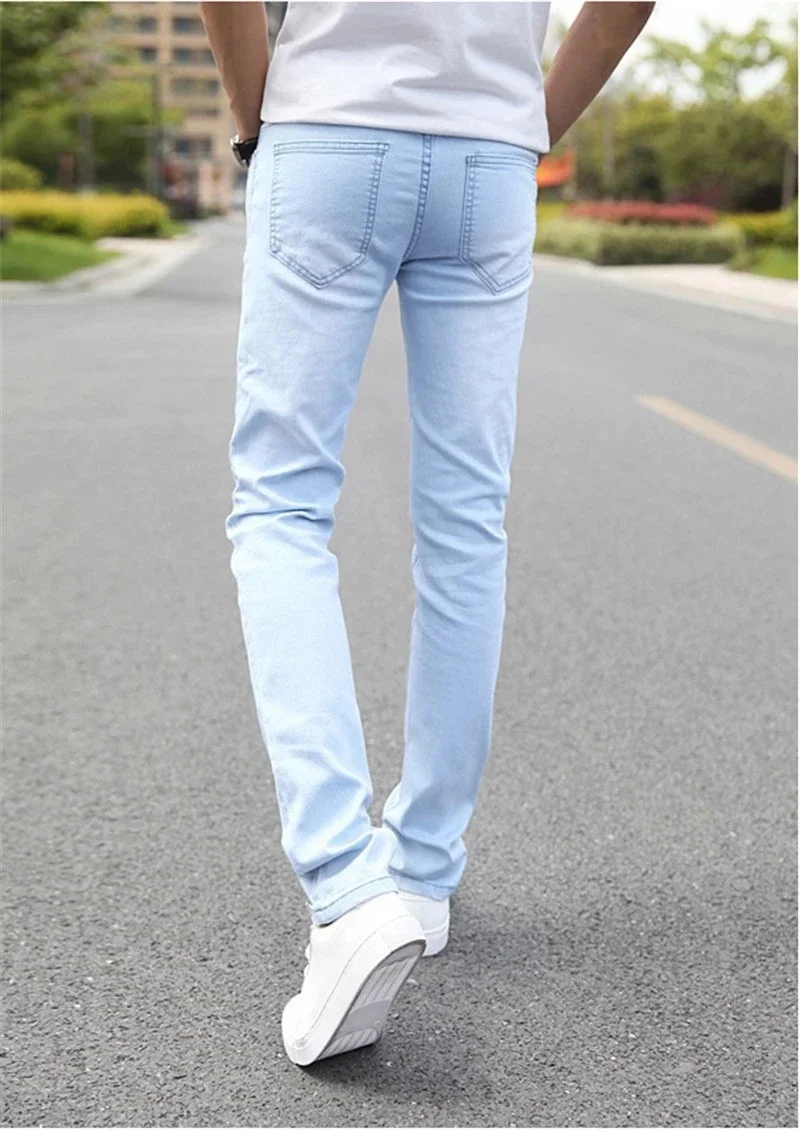 2024 New Men Stretch Skinny Jeans Male Designer Brand Super Elastic Straight Trousers Jeans Slim Fit Fashion Jeans , Sky blue