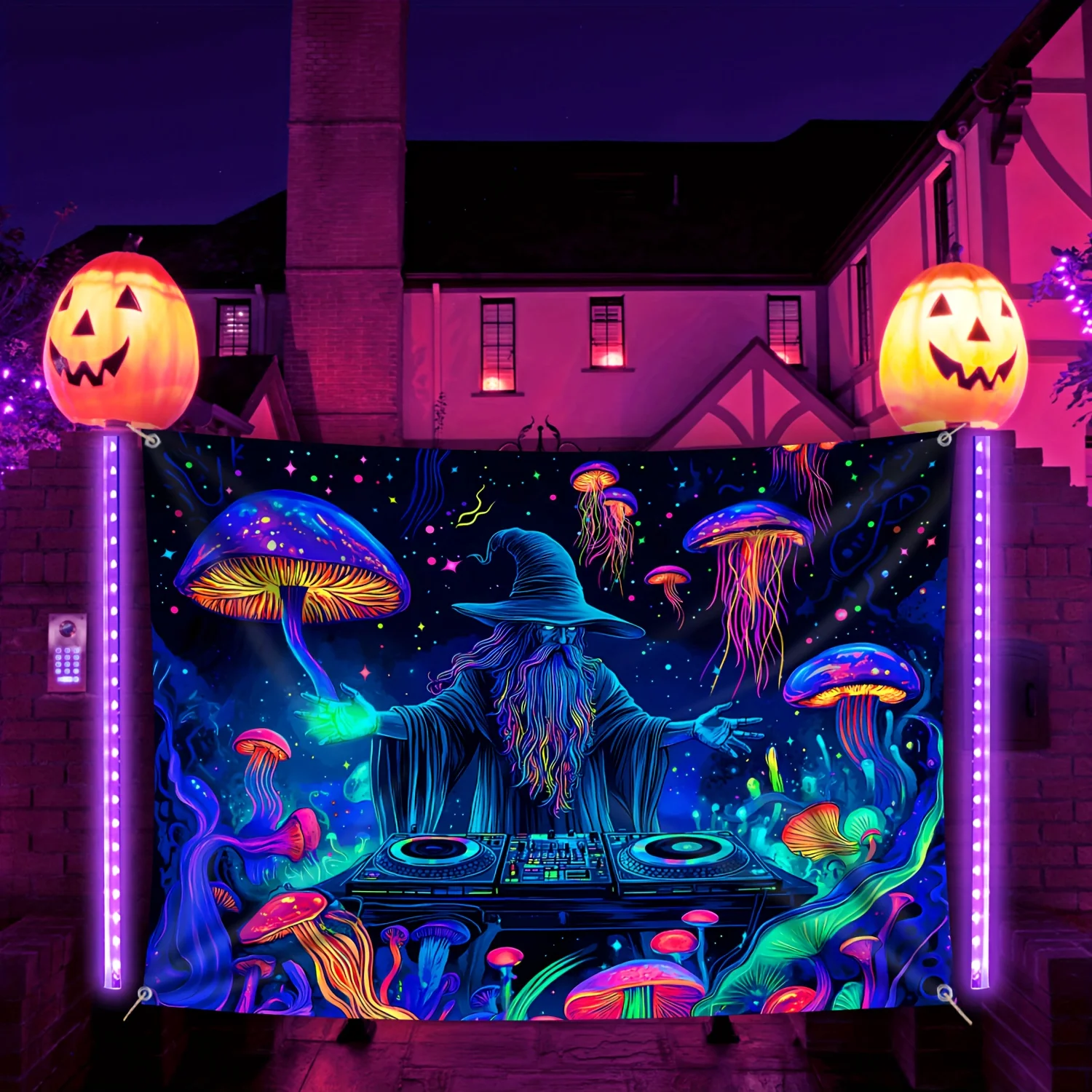

Jellyfish Mushroom Fluorescent Tapestry - Halloween Outdoor Large Wall Hanging Decor for Yard Party, Hole-Punched Easy Hang