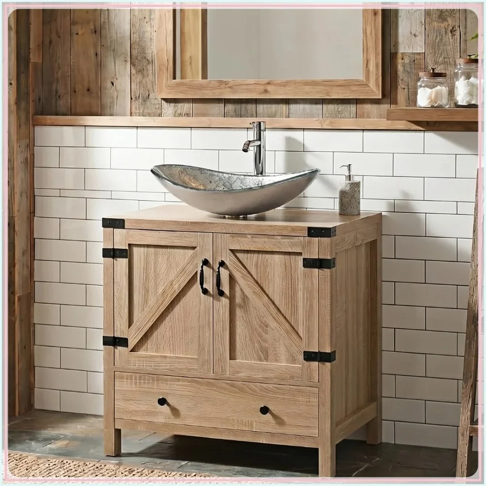 28 inch Natural Color Bathroom Vanity, Rustic Fixture Standing Pedestal Cabinet with Silver Boat Vessel Sink