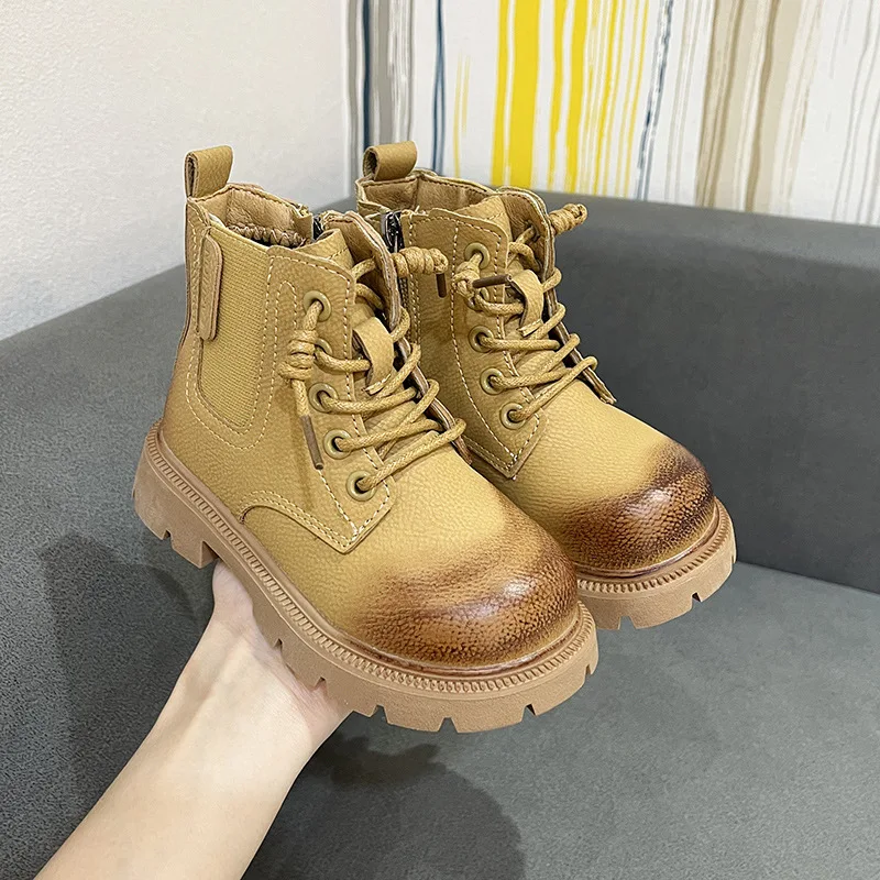 2024 Spring Autumn Ankle Boots Light Platform Shoes Handsome Boys Girls British Style Non-Slip Lacing Soft Short Leather Boots