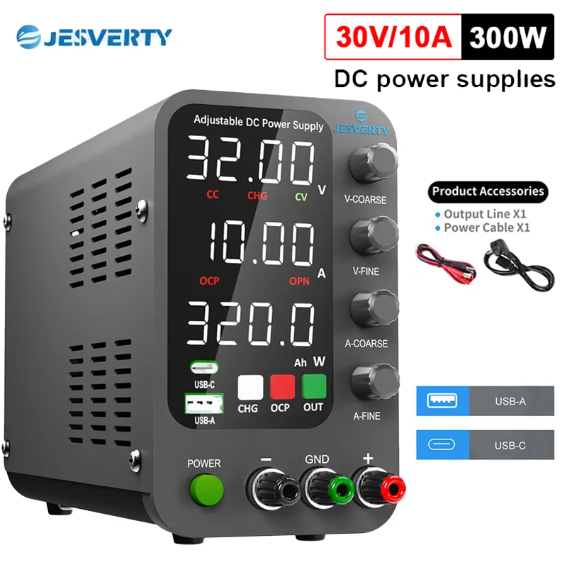Jesverty DC Power Supply 30V10A Adjustable Switching Power Supply with 5V 2A USB Battery Charging Display Regulator
