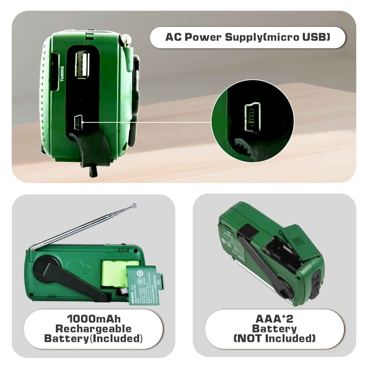 DEGEN DE13 Radio di emergenza portatile meteo FM AM SW ricevitore carica a manovella solare con torcia sveglia Power Bank
