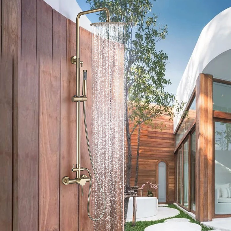 Wall Mounted Outdoor Shower Set Mixer System Brushed Gold Brass Dual Handle 10 Inches Rainfall Shower For Pool