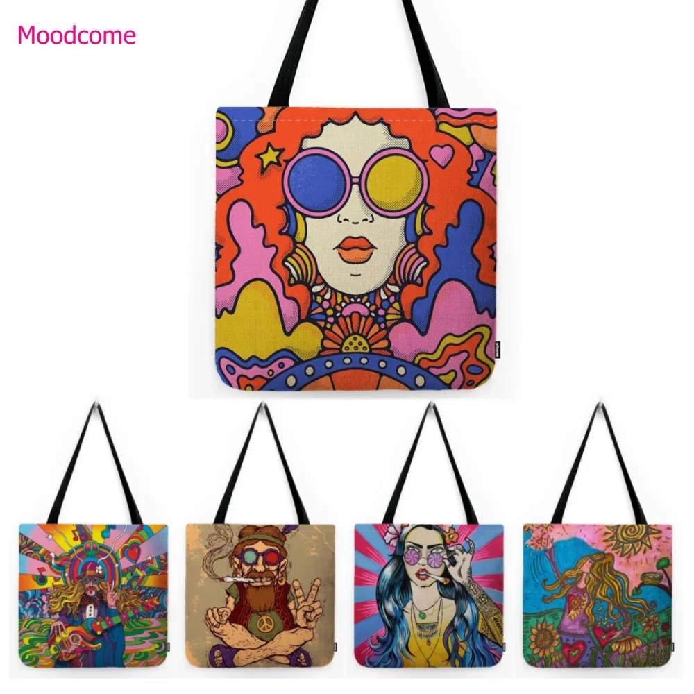 Modern POP Art Funky Punk Graffiti Print Water Resistant Cotton Linen Shoulder Grocery Carrying Bag Shopping School Tote Bag