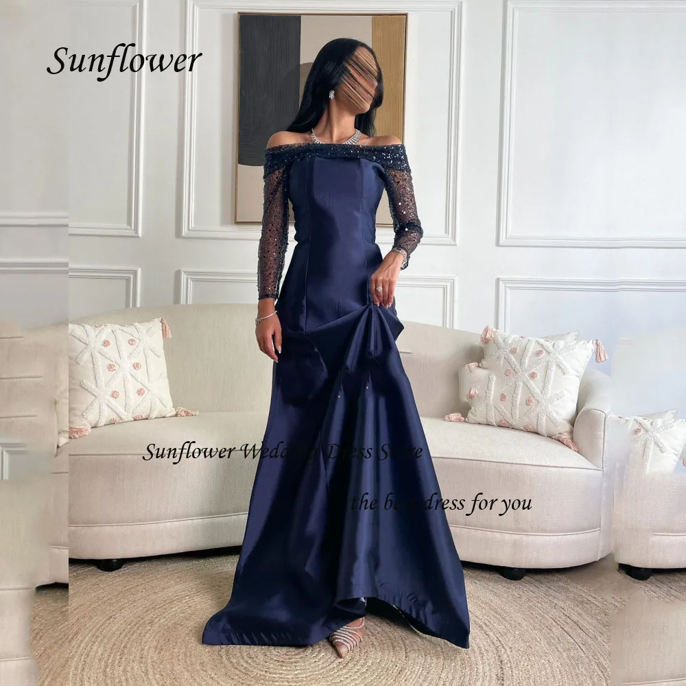 

Sunflower Off the Shoulder Formal Evening Dress 2023 Slim Satin Lace Long Sleeve Prom dress Mermaid Floor-Length Pary Dress