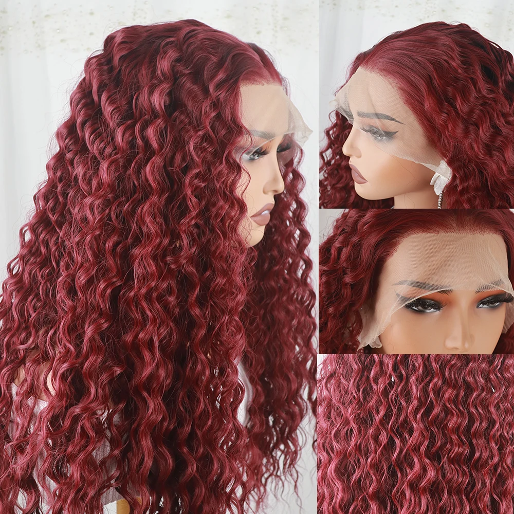 Perruque Lace Front Wig naturelle bouclée, 13*4, Deep Wave, ultraviolet, vin rouge, densité 180, synthétique, élégante, bouclée, réaliste, haute qualité, degré de chaleur