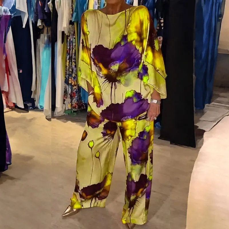 

Spring Autumn Elegant 2 Piece Set Women Fashion Flower Print Two Piece Set Women Causal Loose Round Neck Top Wide Leg Pants Suit