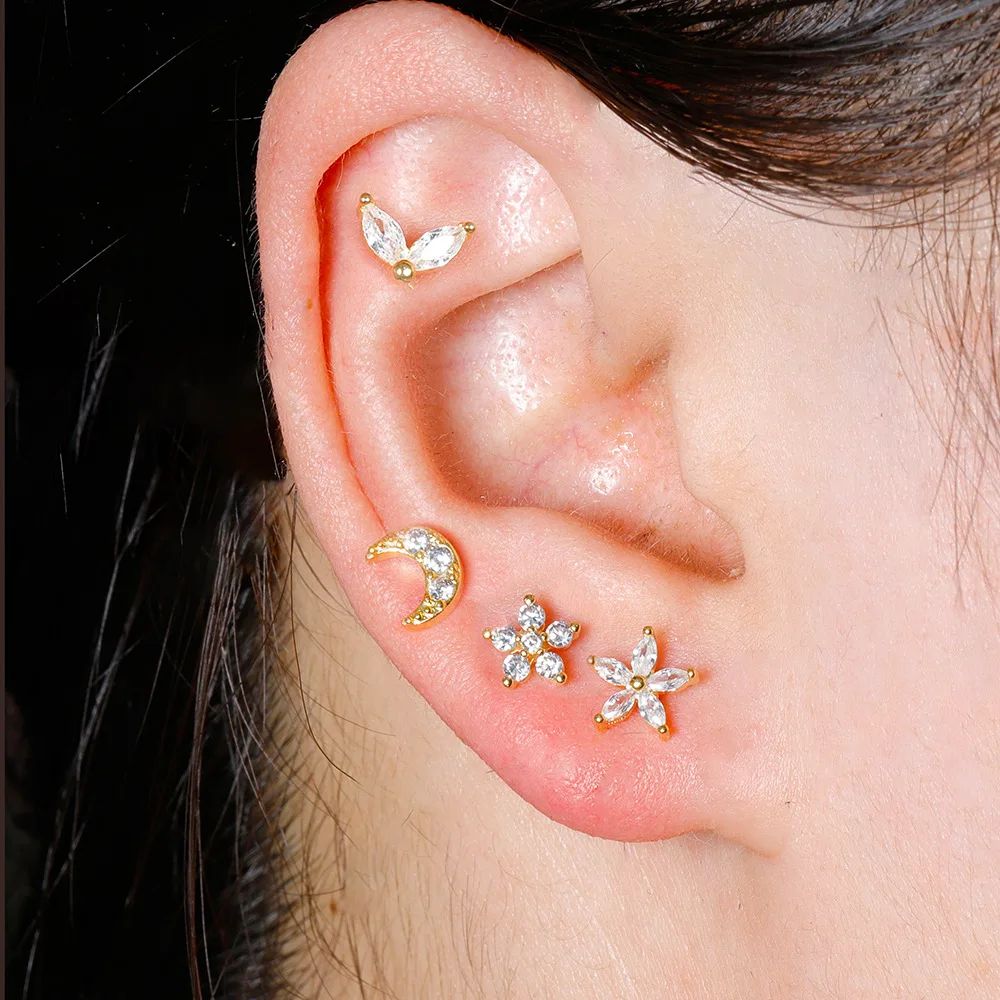2PCS Stainless Steel Small Stud Earrings For Women Tiny Heart Moon Star Ear Bone Nail Cartilage Punk Earring Piercing Jewelry