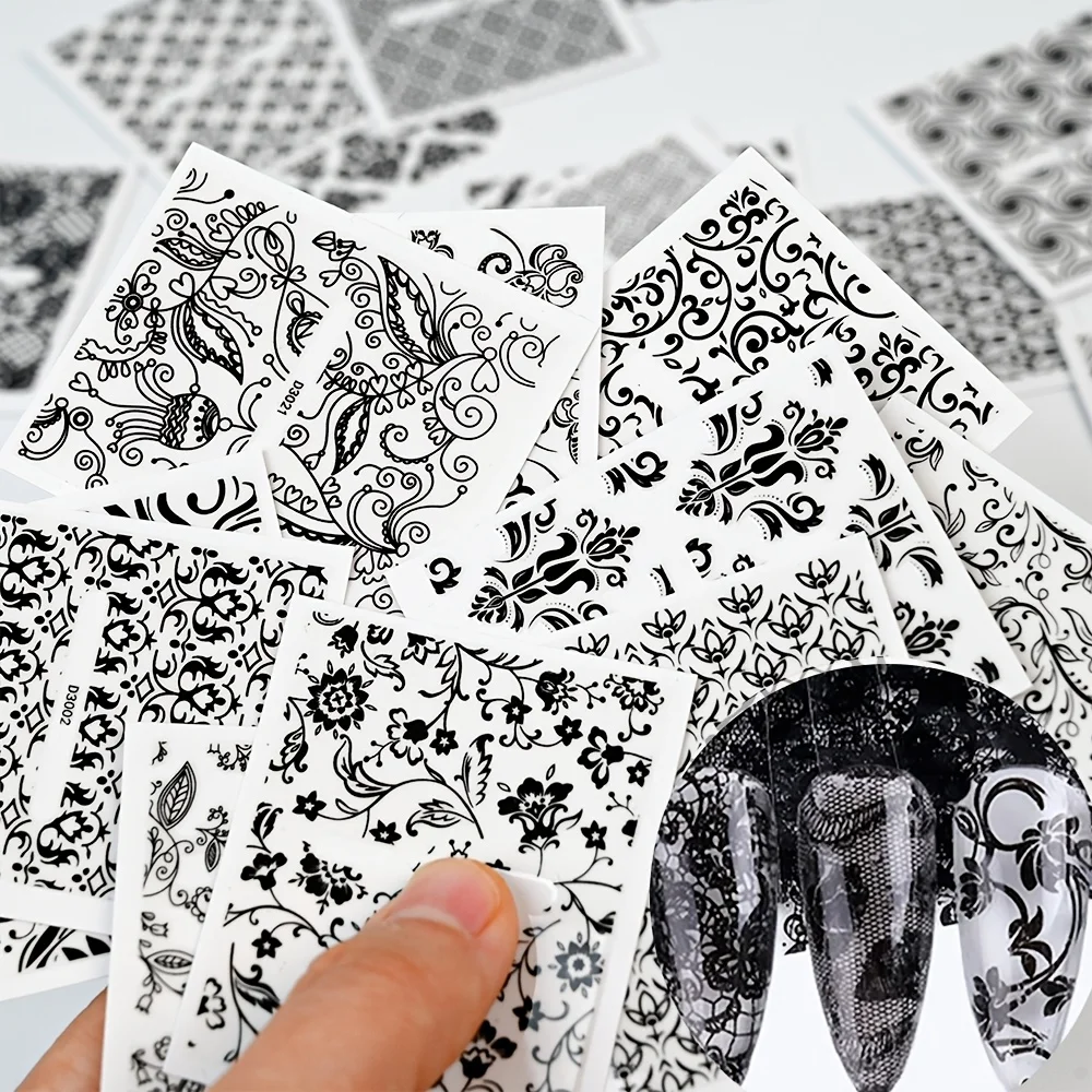30-teiliges Set Schwarze Spitzen-Nagelaufkleber - Blumen- & Geometrische Designs, Selbstklebende DIY-Nagelkunst für Frauen, Glänzendes Finish, Unparfümiert