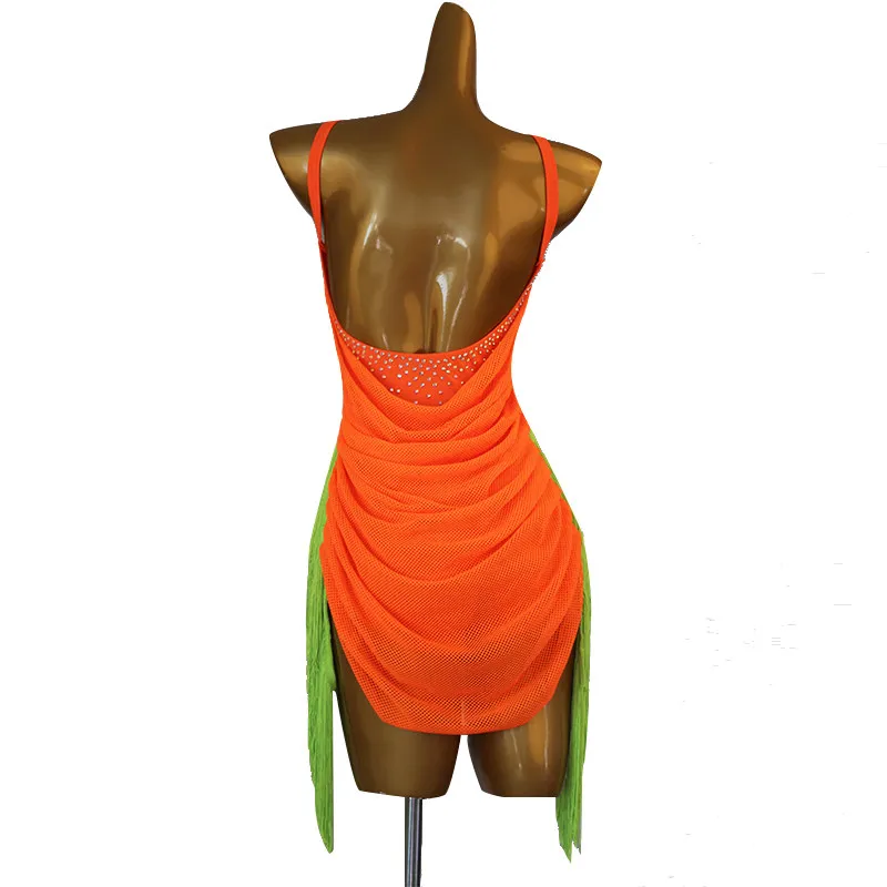 Spaghetti Strap V Neck Ruched Mesh Rhinestone Color Contrast Side Tassel Dance Dress For Latin Dance Competition Stage Performan