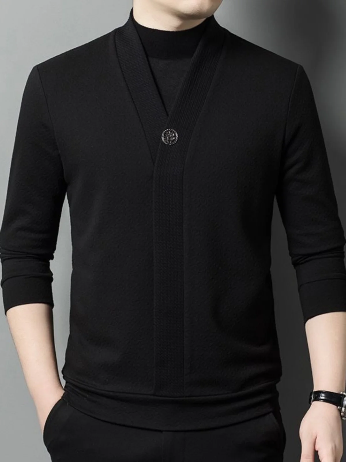 Faionable Maglia lunga Sve T-shirt da uomo f Collo alto V-Ne Slim Fit Strato base irt Trendy Autunno Inverno Due pezzi...