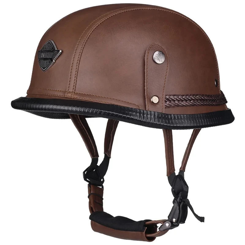 Brown Motorcycle Helmet Retro Vintage Cascos Para Moto Men Casco Moto PU  Scooter Cafe Racer Moto Helmet For Summer