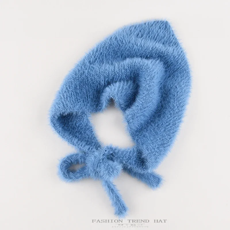 French Headscarf Women Autumn Winter Warmth Plush Knitted Wool Triangle Towel Sweet and Cute Tied Lace-up Knitted Headband