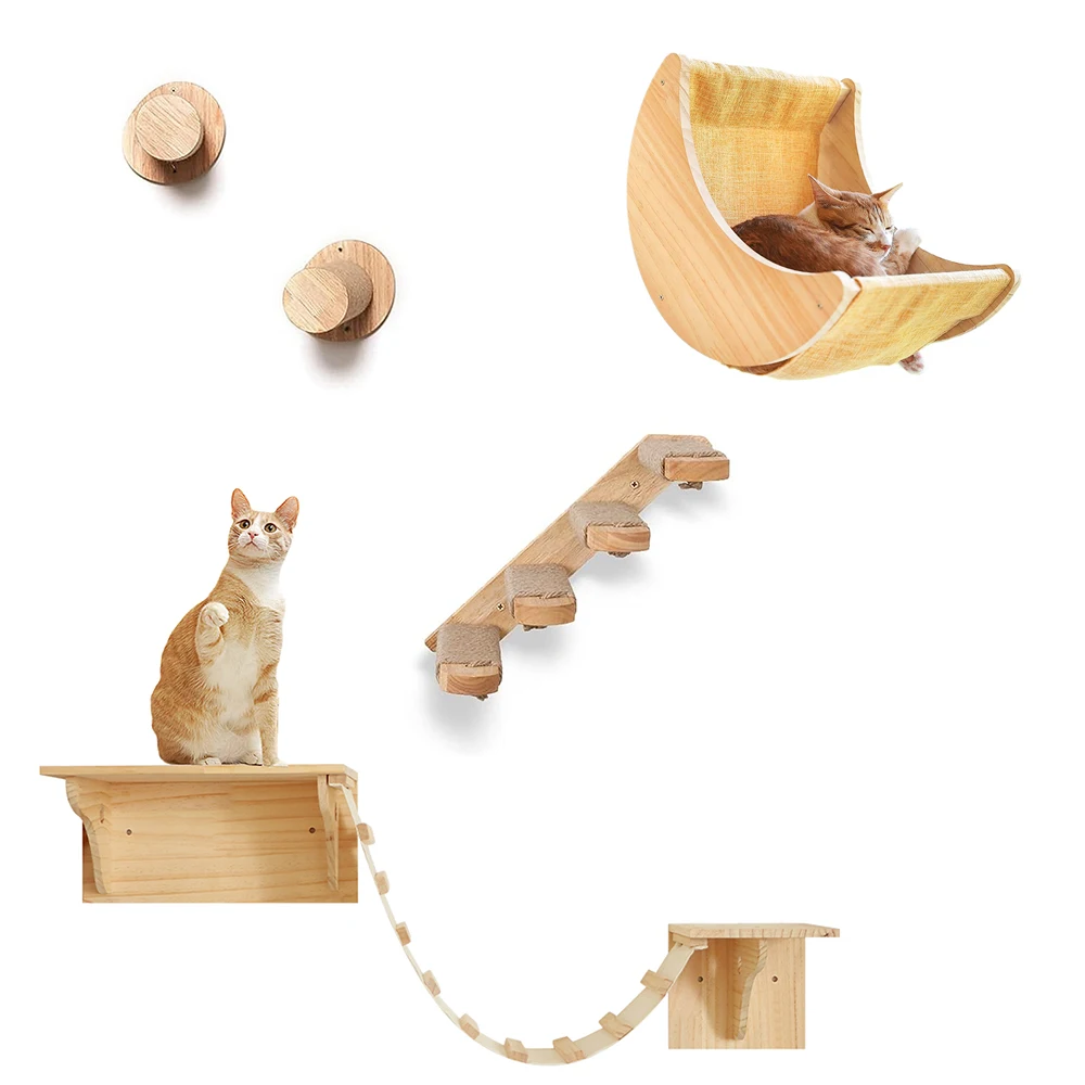 Wall Mounted Cat Tree Cat Climbing Wooden Shelves Climbing Hammock Set Scratching Post and Ladder for Cats Playing and Sleeping