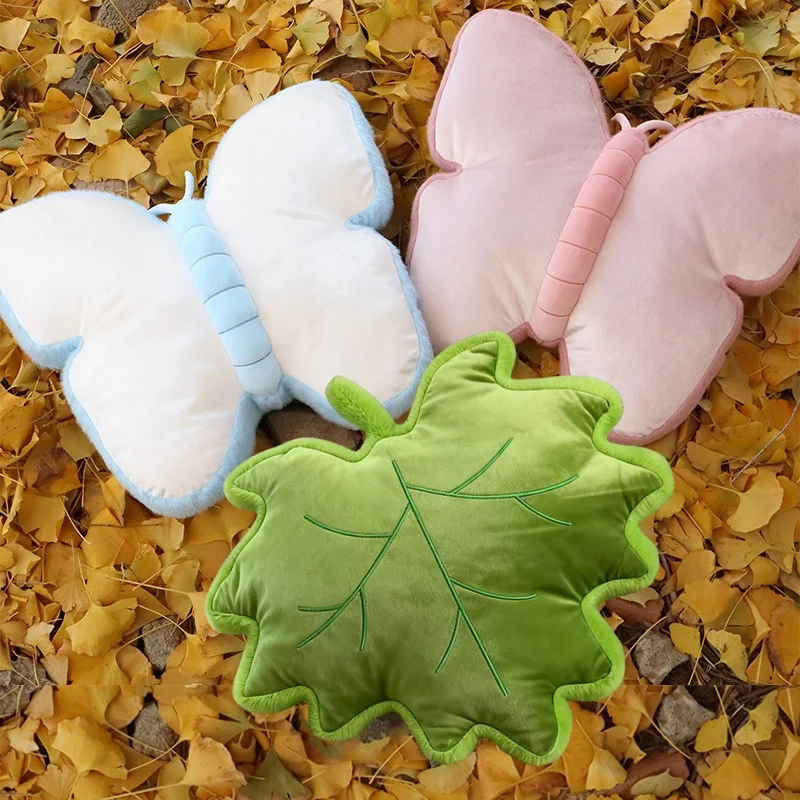 Nordic Lifelike Green Maple Leaf Plush Velvet Pillow Autumn Maple leaves Apple Snow Butterfly  Nap Sleep Cushion Sofa Decor Gift