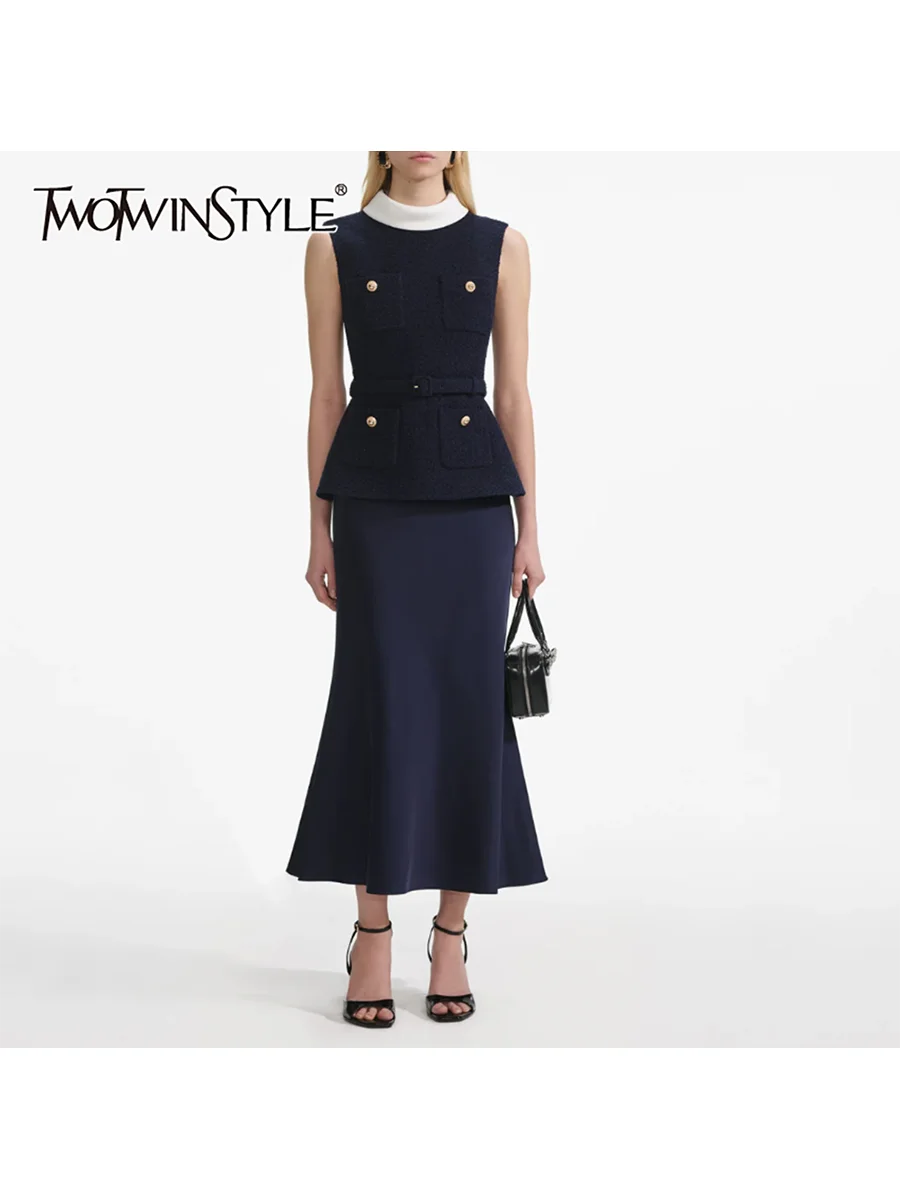 

TWOTWINSTYLE элегантное ложное платье из двух предметов с карманами для женщин, лоскутное платье без рукавов с круглым вырезом и поясом, женская одежда, новинка