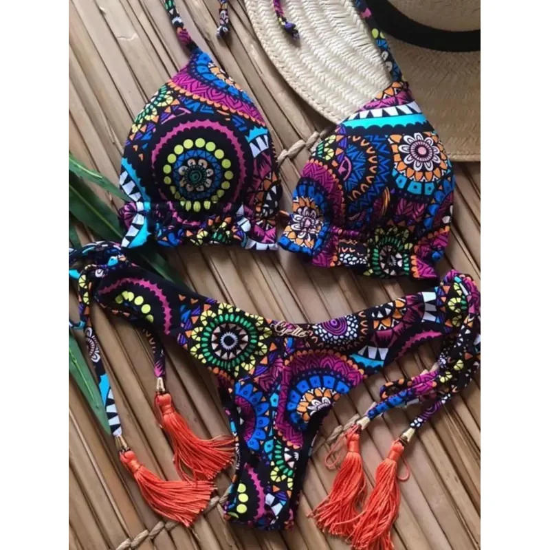 2022 Girls ties halter brazilian push up bikini tassels biquini swimwear strappy bandage swimsuit beach wear bathing suit women