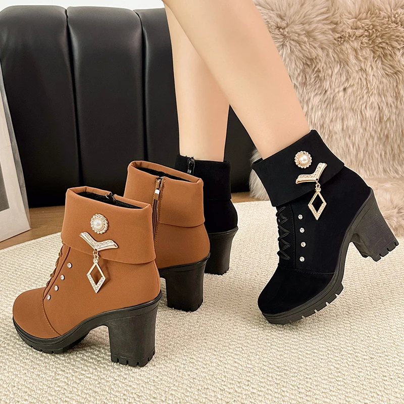 

New Women Fashion chunky-high-heels Non-slip rhinestone metal decoration side zipper Ankle Boots Outdoor Casual Short Boots