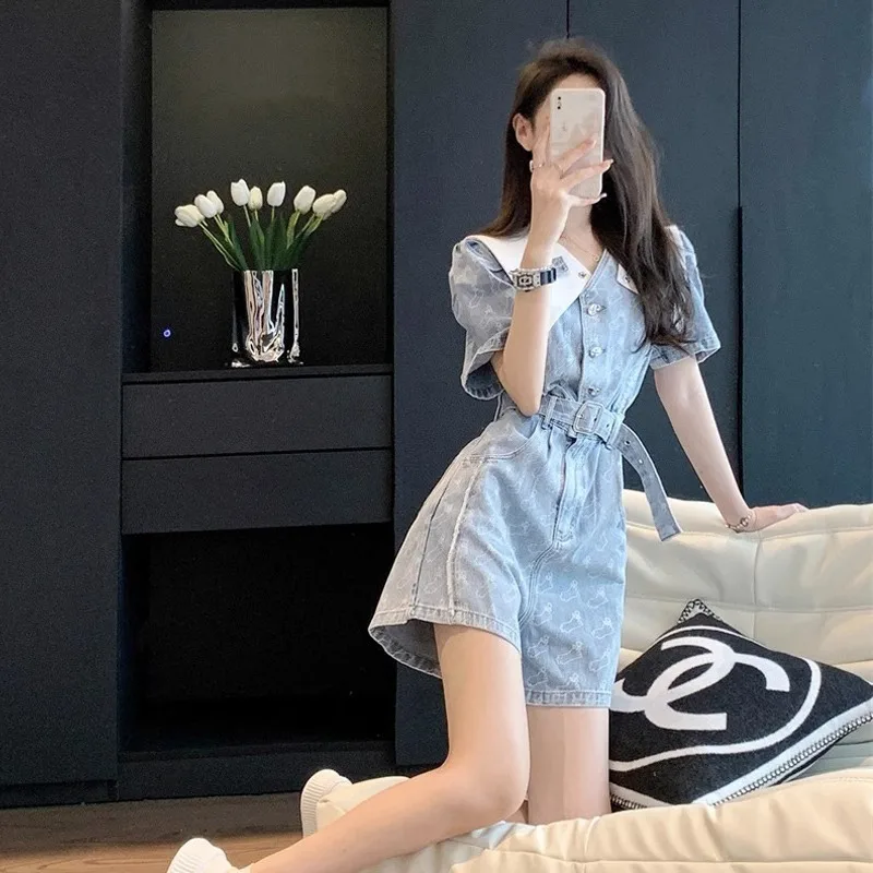 

Blue Denim Onesie Women's Summer Faion Waist-Cinching Vintage Slimming ortie Overall Pants Korean Sle ort Sve Dr