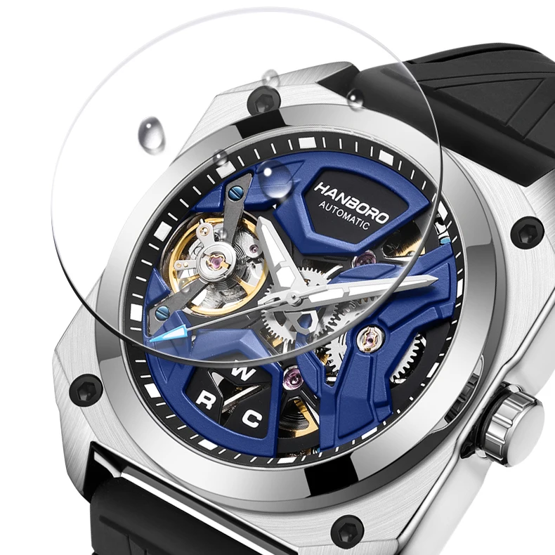 Hanboro relógio automático masculino 42mm relógios de luxo relógio de pulso mecânico luminoso caso quadrado esqueleto 50m pulseira de borracha à prova dwaterproof água
