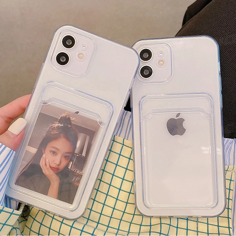 Transparent Silicone Wallet Case with Card Pocket For iPhone 16 15 14 13 12 11 Pro mini X XS Max XR 7 8 Plus SE Soft Phone Cover