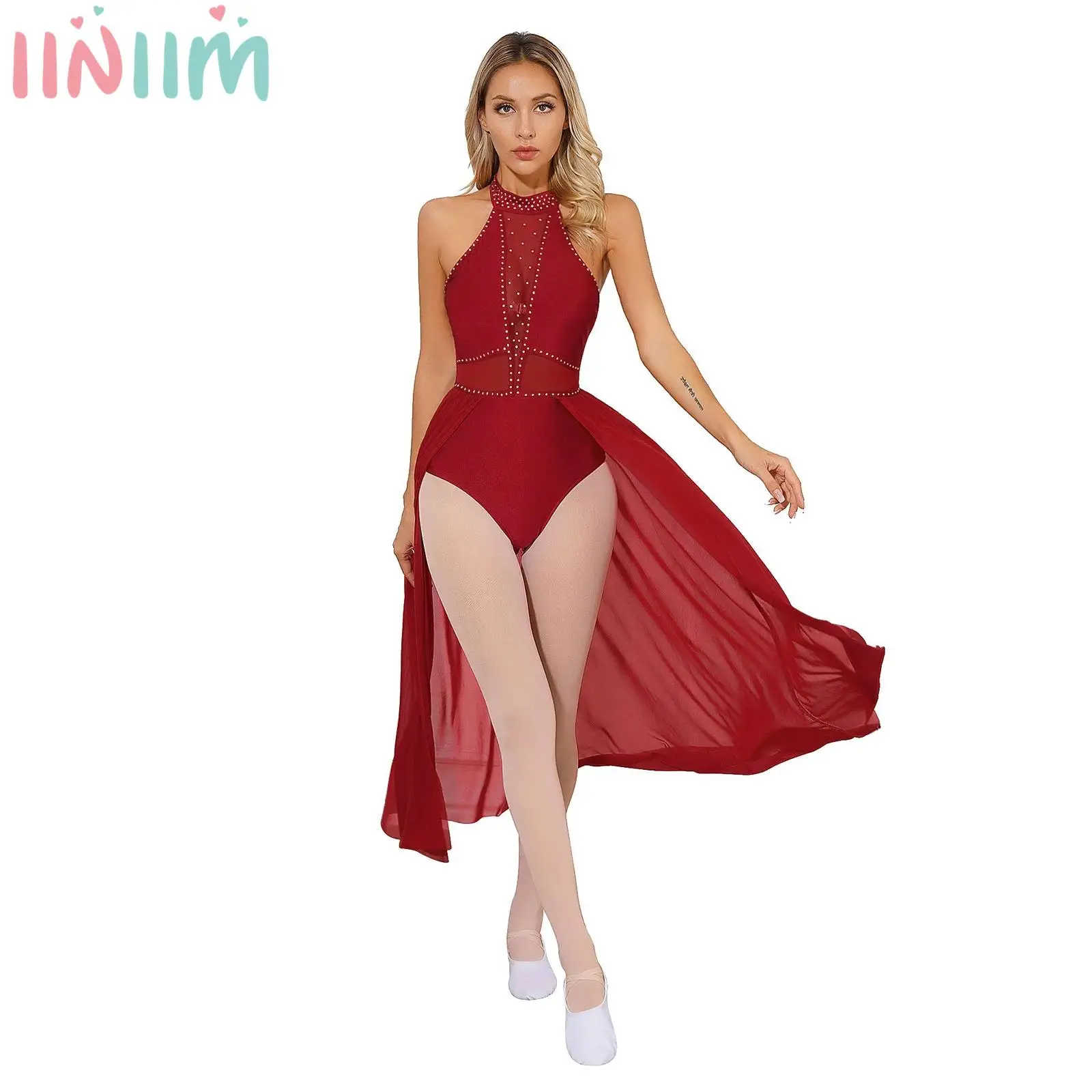 Womens Lyrical Modern Contemporary Dancing Performance Costume Shiny Rhinestone Halter Neck Dancewear Leotard Dress