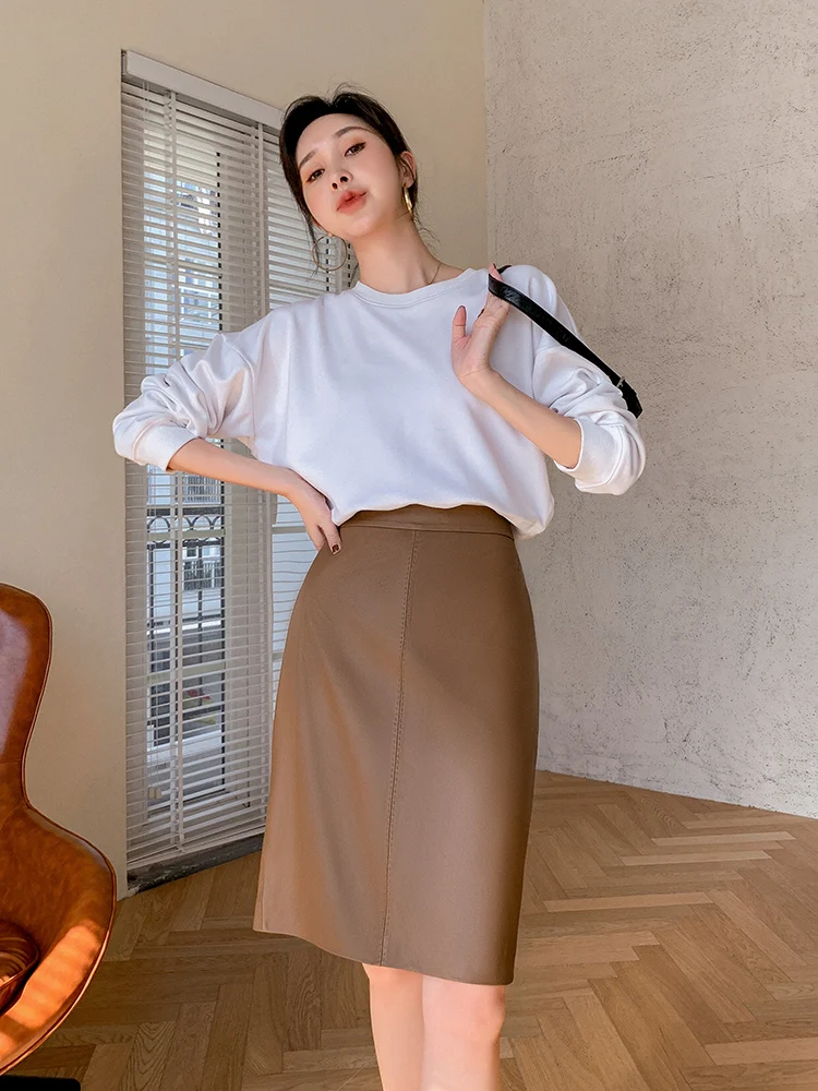 

Юбка женская из натуральной кожи серии KC Home Evereen, цельнокроеная, с высокой талией, разрезом и складками, длиной до середины икры