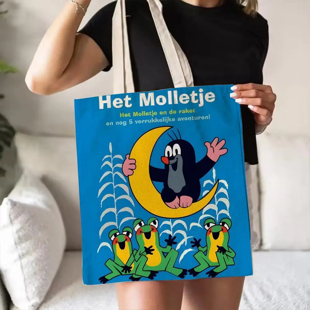 Cartoon L-Little Mole Storage Bags Double-Sided Print Canvas Tote Bag Fashion Large Capacity Women's Shoulder Handbag