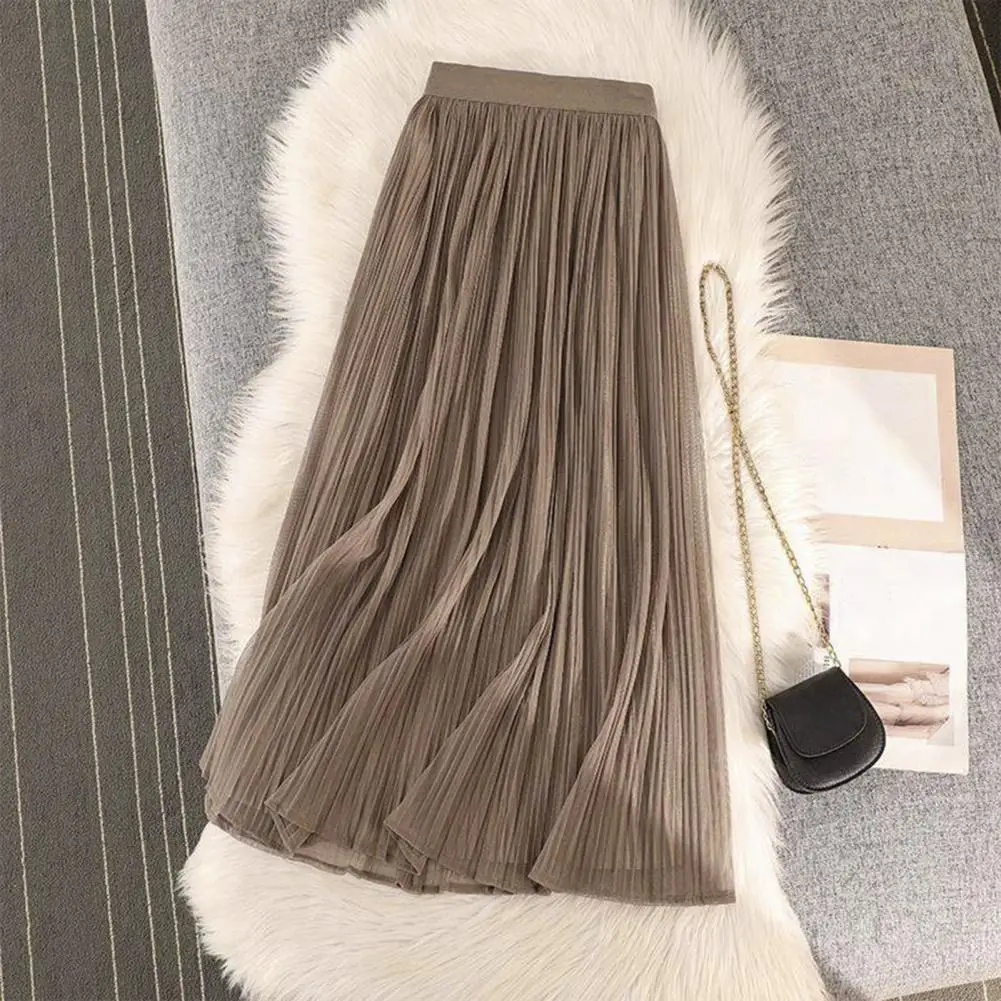 

A-line Skirt Elegant Women's Pleated Skirt Collection Elastic Waistband Midi Skirt A-line Solid Color with Pleated Hem for Daily