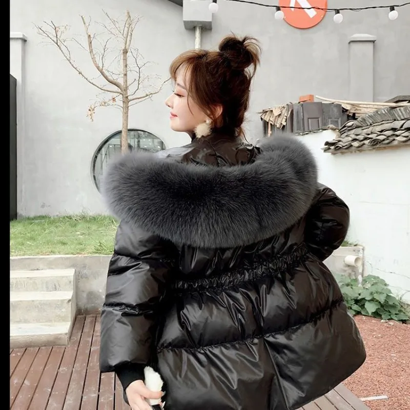 Female Winter Autumn Tops Coat Cotton-padded Clothes Fur Collar Glossy Hooded Thicken Waist Retro Simple Soft Versatile Thin New