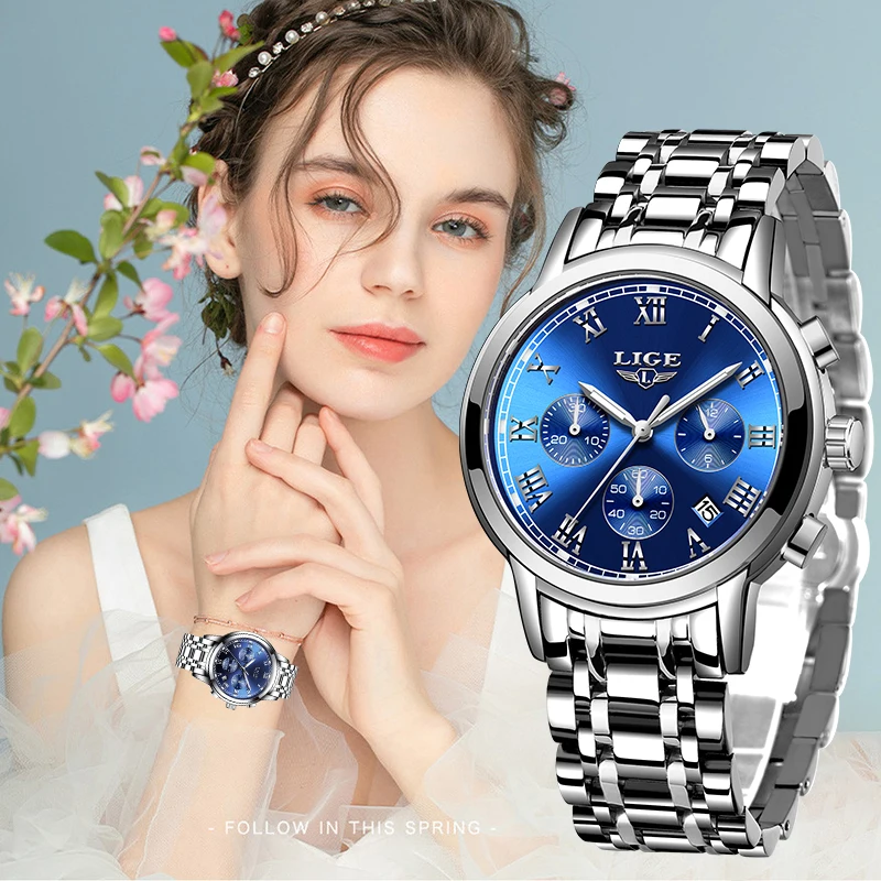 

Женские часы LIGE, модные, элегантные, роскошные, с простым циферблатом, стальным ремешком, кварцевые, водонепроницаемые, светящиеся в темноте.