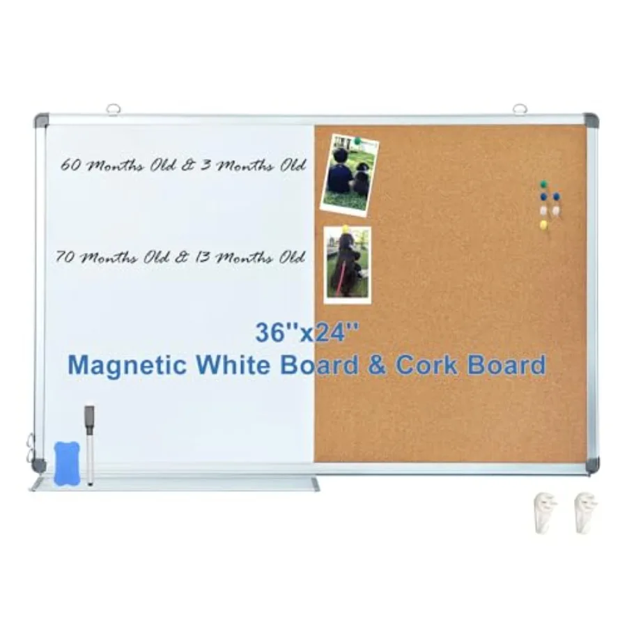 

36x24 Inches White Board Cork Board Combo Magnetic Dry Erase Board and Cork Pinboard in One Wall-Mounted Office Home School Mes