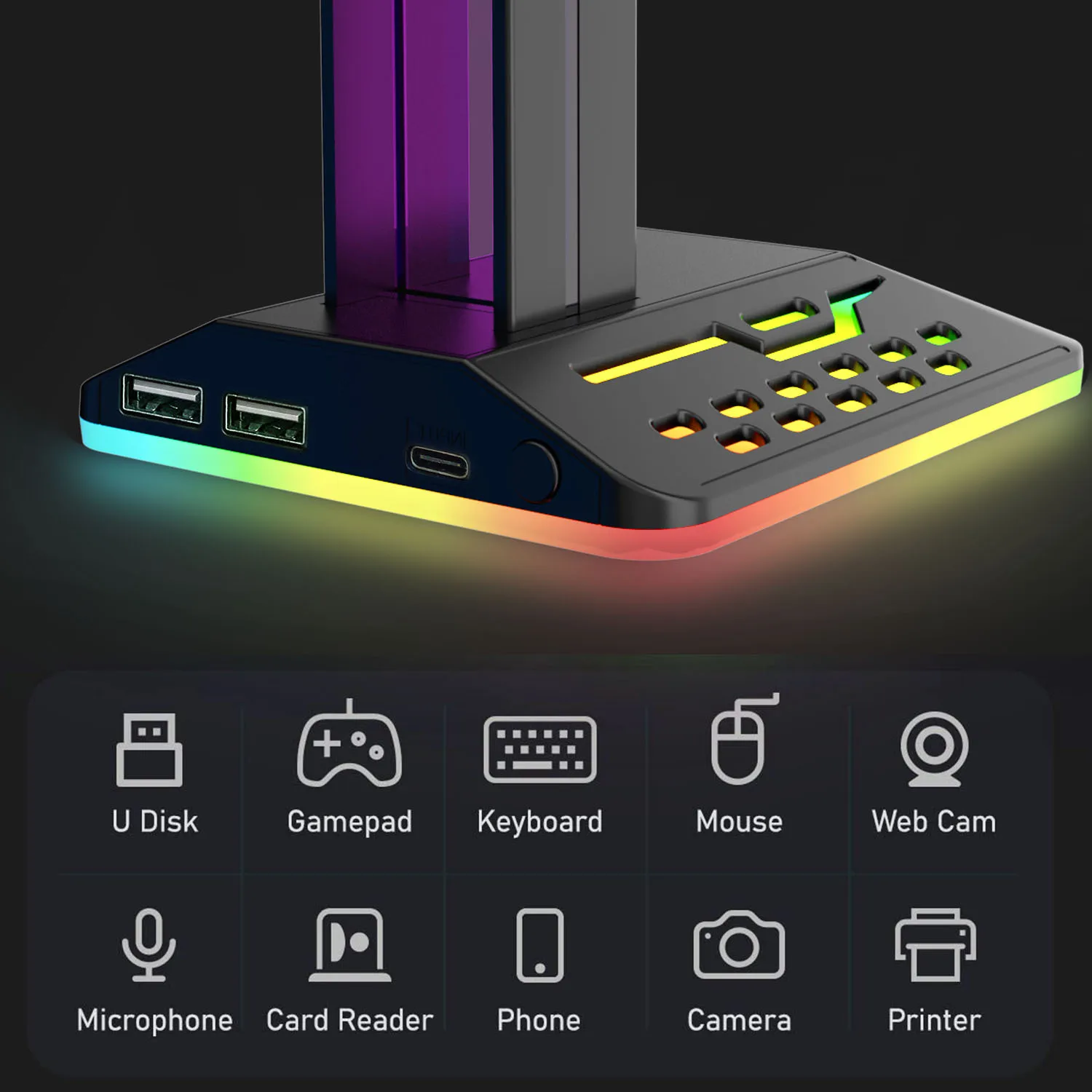 Caricatore per supporto per cuffie Luce notturna RGB multicolore Cuffie da gioco Supporto per auricolari Staffa per espositore per organizer da tavolo per PC