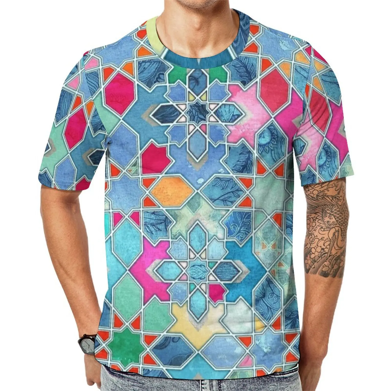 Summer T Shirt Multicolor Watercolor Mosaic Tile T Shirts  Casual Trending Tees For Men Short Sleeve Printed Oversized Clothing