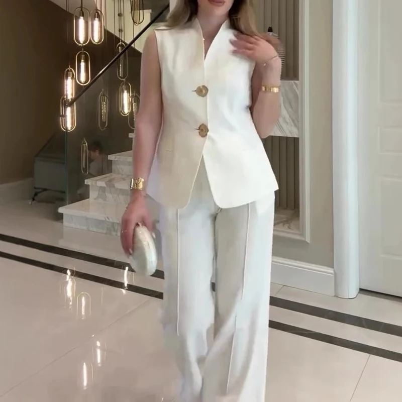 

Офисные женские однотонные тонкие комплекты из двух предметов, элегантный жилет без рукавов с v-образным вырезом и широкие брюки, новые летние женские простые наряды