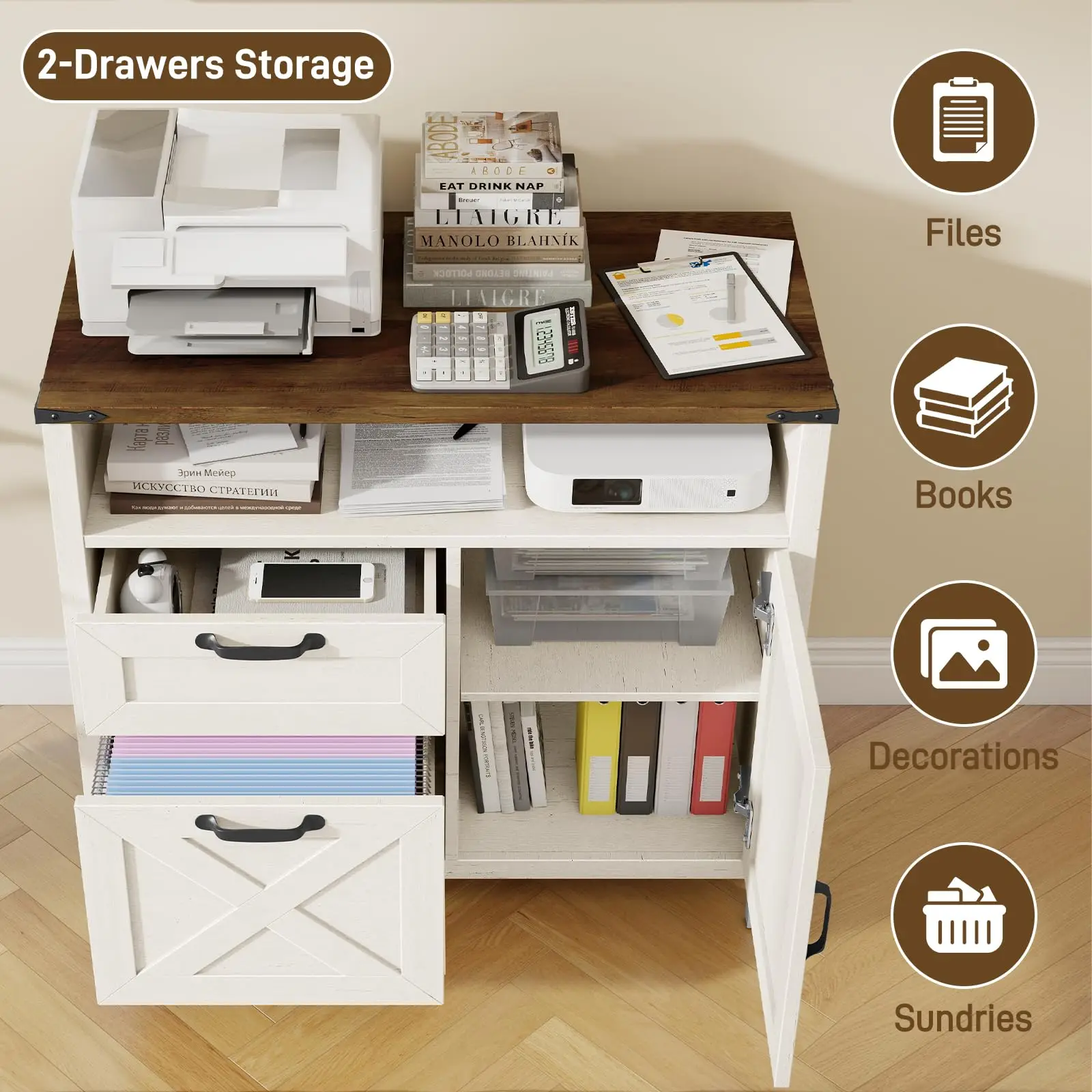 Vabches zijarchiefkast met 2 lades en staandeur Archiefkast voor A4/Letter-formaat houten archiefkast voor thuiskantoor