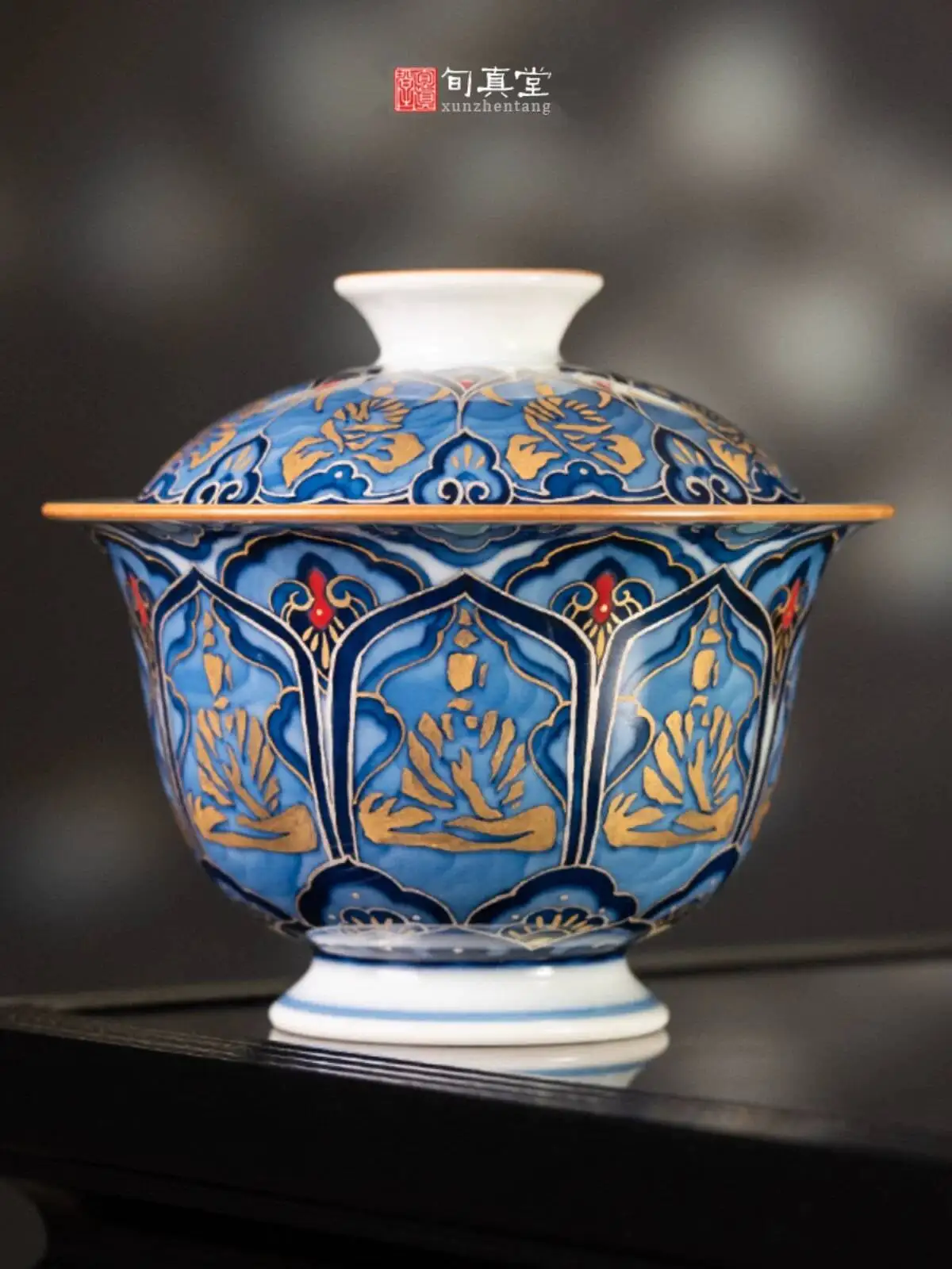 

Gold Silver Inlaid Blue And White Porcelain Cover Bowl With Buddhist Thread Pattern