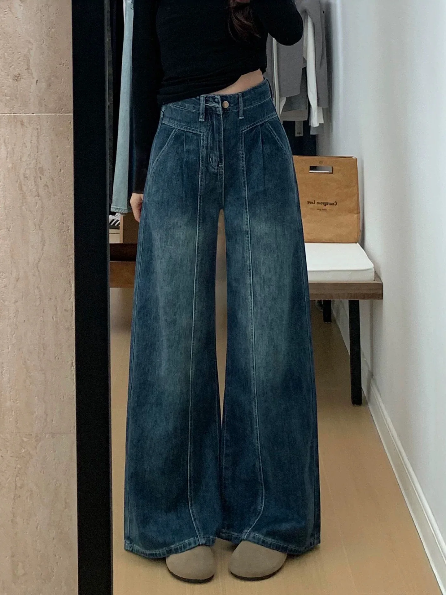 

Y2K американские ретро джинсы женские с высокой талией широкие брюки тонкие свободные прямые брюки осень