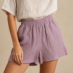Casual Newly 100% Cotton Gauze Muslin Women'S Summer Shorts Elastic High Waist Wide Leg Sport Beach Shorts With Pockets Bottom