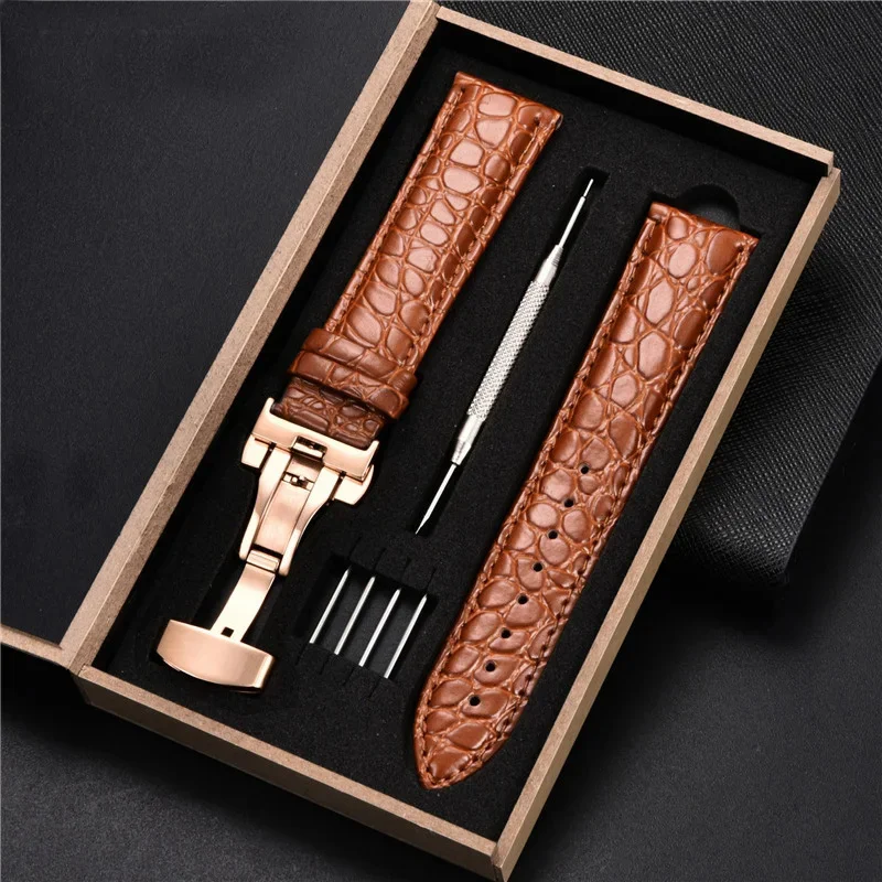 Crocodile Pattern Leather Watch Strap for Men Women Watch Band with Box Butterfly Deployment Clasp 18mm 20mm 22mm 24mm Straps