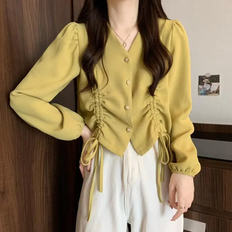 Nice Femme Spring Summer Korean Fashion Button Solid Color V-neck Women Clothes Simplicity All-match Appear Thin Shirring Long S