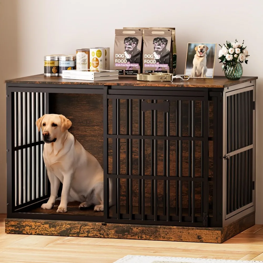 

Large Indoor Wooden Dog Kennel with Sliding Door, Nameplate, and Corner Cover for XXL Dogs