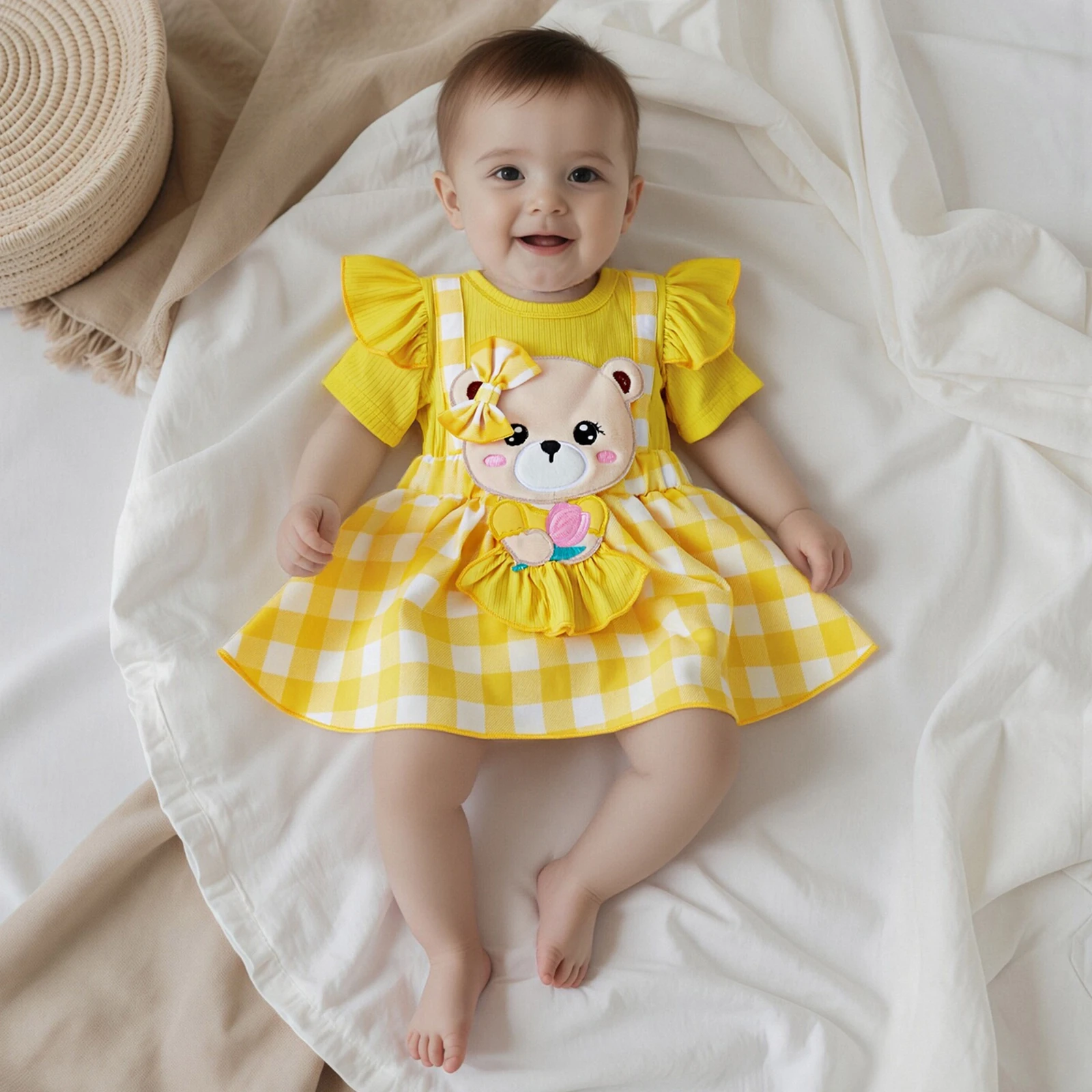 Cute Baby Girl Bodysuits Outfit Bear Embroidery Plaid Short Sleeve Patchwork Romper Dress Bow Headband 2 Piece Set Costume