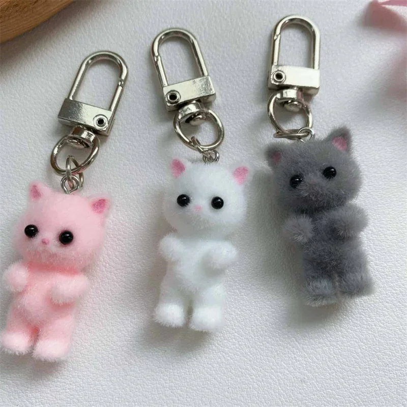 Cute 3D Flocking Kitten Keychain Cat Couple Mobile Phone Pendant Car Keyring Earphone Backpack Charms Bag Decor